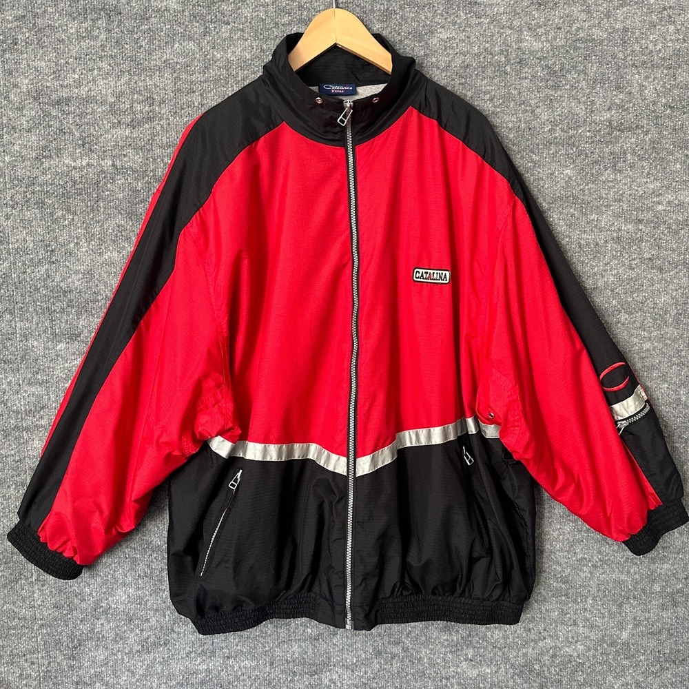 Vintage Windbreaker Womens‎ XL Red Black Colorblock Reflective Nylon Zip Jacket